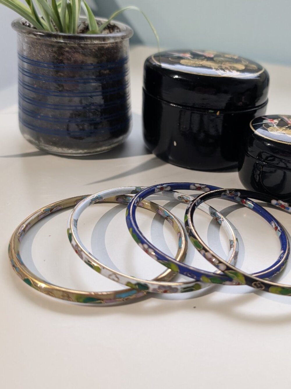 Cloisonne Bracelets Oriental Set of 4 Vintage Enamel Multicolor Stacking Bangles